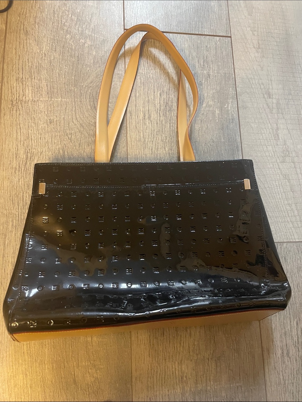 Arcadia Black Patent Tote with Tan Handles